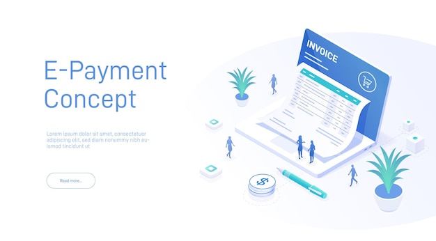 E Payment landing page template Invoice or tax document coming out laptop computer screen