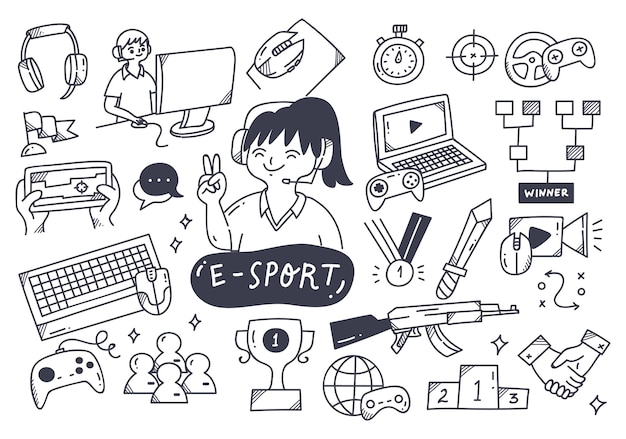 Vector e-sport championship doodle set  illustration