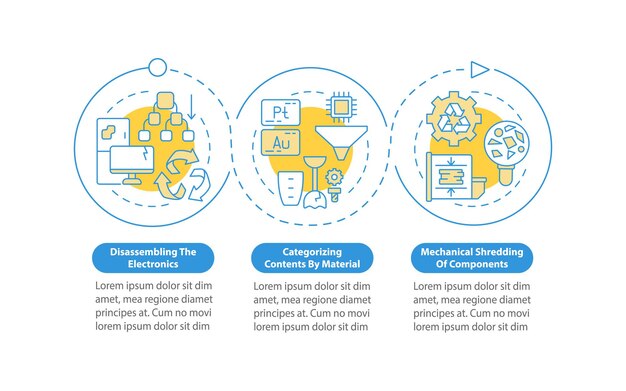 Vector e-trash recycling paces vector infographic template. shredding, sorting presentation design elements. data visualization with 3 steps. process timeline chart. workflow layout with linear icons