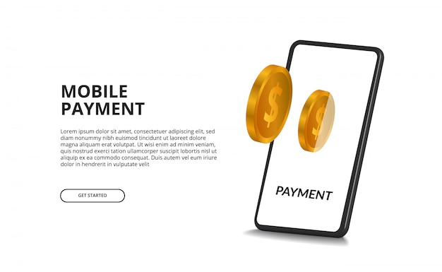 3dゴールデンコインと3dパースペクティブスマートフォンを備えた電子財布デジタル決済コンセプト