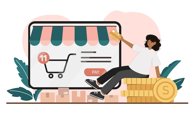 E wallet digital payment online transaction with woman standing and holding mobile phone concept illustration