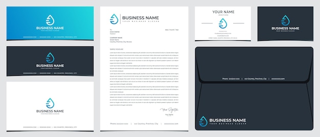 E water droplet logo with stationery business card and social media banner designs