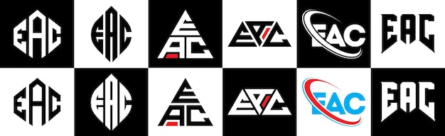 6 つのスタイルの EAC 文字ロゴ デザイン EAC 多角形、円、三角形、六角形のフラットでシンプルなスタイルで、黒と白のカラー バリエーションの文字ロゴが 1 つのアートボードに設定されています EAC ミニマリストとクラシックなロゴ