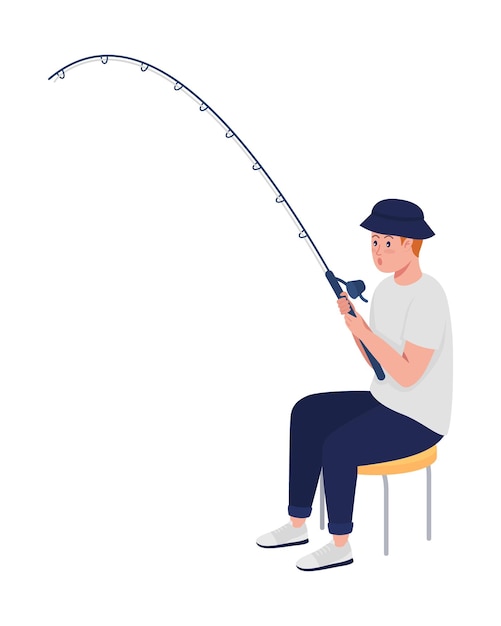 Eager teen angler with fishing rod semi flat color vector character