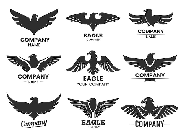 Eagle black silhouettes. Set of isolated logos with hawk head and company name.