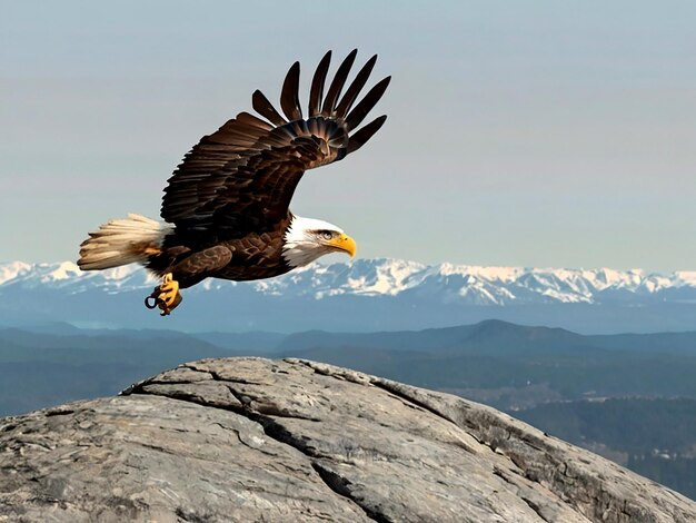 Eagle flying over gray rock isolated vector