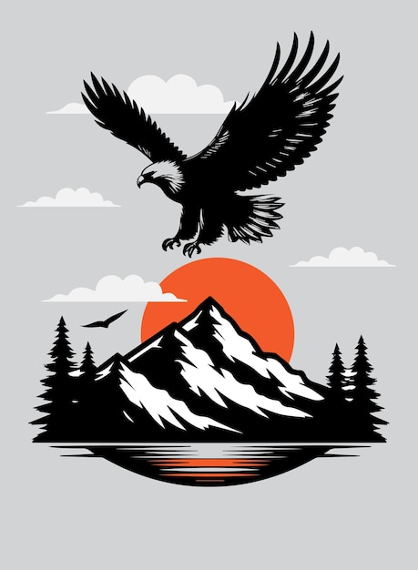 Eagle flying over the mountains vector illustration on gray background