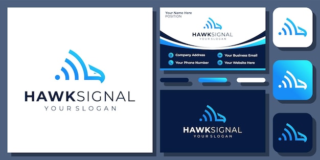 Eagle hawk signal communication technology fly wing connection vector logo design con biglietto da visita