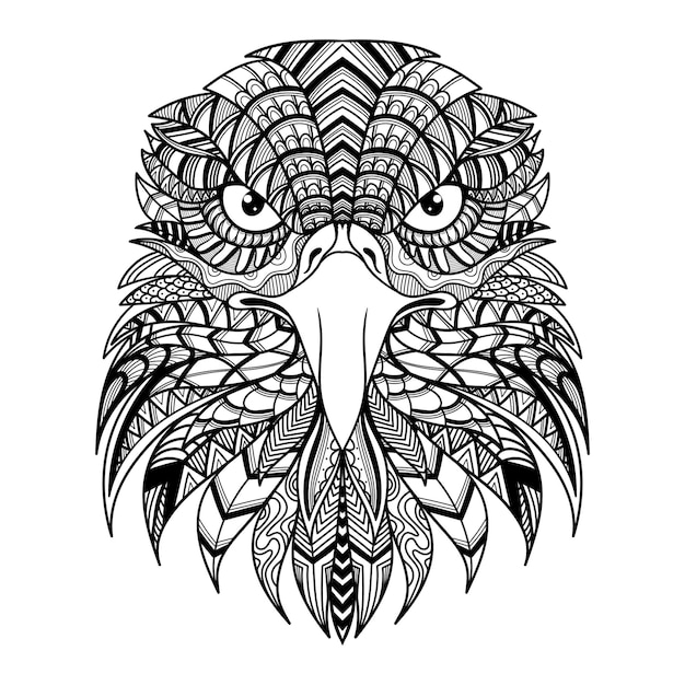 Eagle head front mandala zentangle coloring page illustration