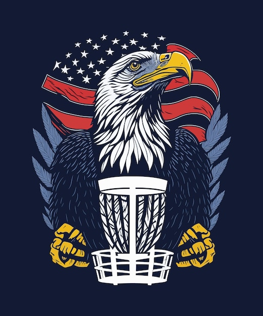 Eagle holding a basket with the american flag behind it