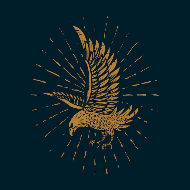 Vector eagle illustration in golden style on dark background.  element for poster, card, sign, print.  image