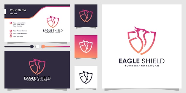 Логотип орла с креативной концепцией щита и шаблоном дизайна визитной карточки