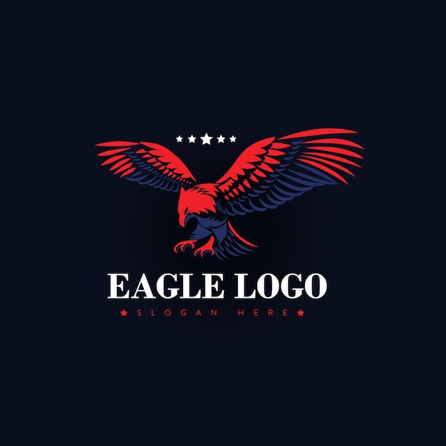 Illustrazione della posa di caccia volante del logo eagle patriot con colore blu rosso