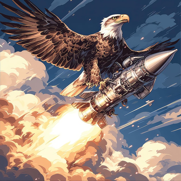 ハンググライダーに乗った鷹が漫画のスタイルで