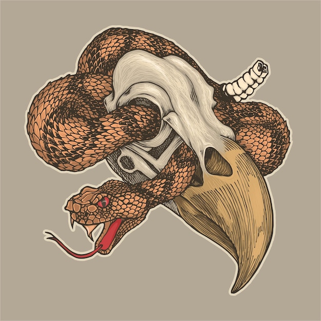 Vector eagle skull and rattlesnake illustration