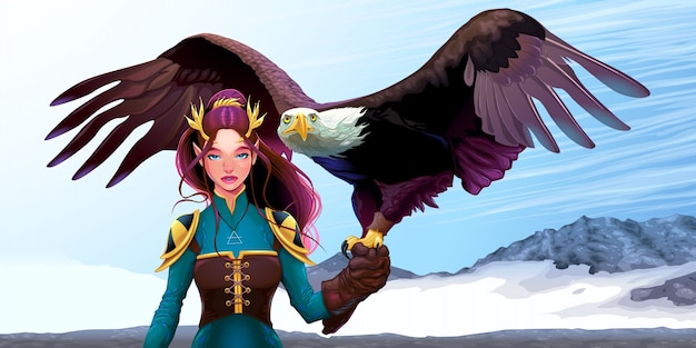 Eagle trainer elfo sulle montagne illustrazione di fantasia vettoriale