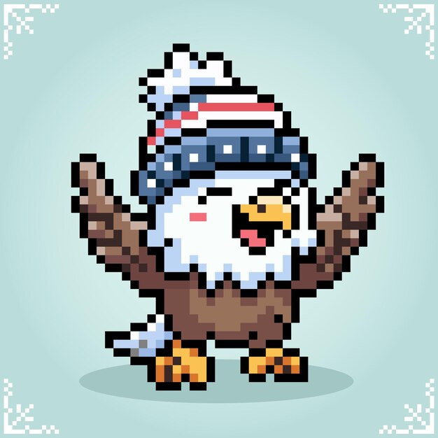 Eagle wearing hat in 8 bit pixel art for game assets and cross stitch patterns illustration