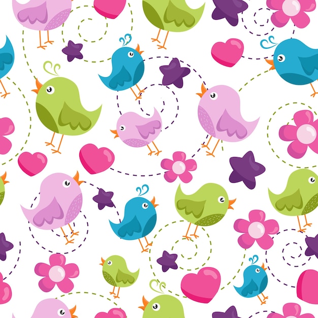 Vector eamless ornament with cartoon birds floweres stars
print for fabric wallpaper for baby