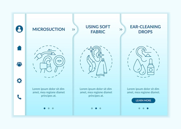 ベクトルテンプレートをオンボーディングする耳の清潔さの方法。アイコン付きのレスポンシブモバイルサイト。 Webページのウォークスルー3ステップ画面。マイクロサクション、線形イラストと柔らかい素材の色の概念