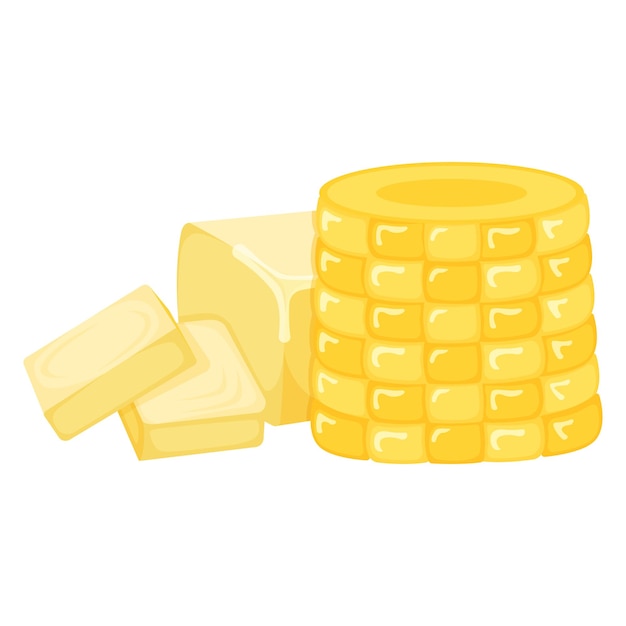 Vector ear of sweet corn with milk product natural ingredient butter, margarine icon, breakfast organic dairy cartoon vector illustration, isolated on white. concept high calorie creamery fat food.