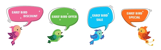 Prezzo scontato early bird etichette pubblicitarie moderne con uccelli piatti offerta speciale elementi di marketing di vendita promozione annuncio oggi set vettoriale