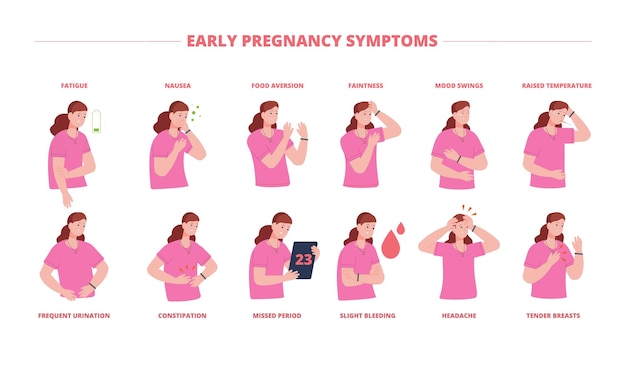 Early pregnancy symptoms Signs pregnant woman sickness infographic pain spot problems sick health breast disease diarrhea bleeding period vomiting splendid vector illustration