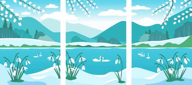 Early spring cards with snowdrops and willow. Swans. Vector landscape.