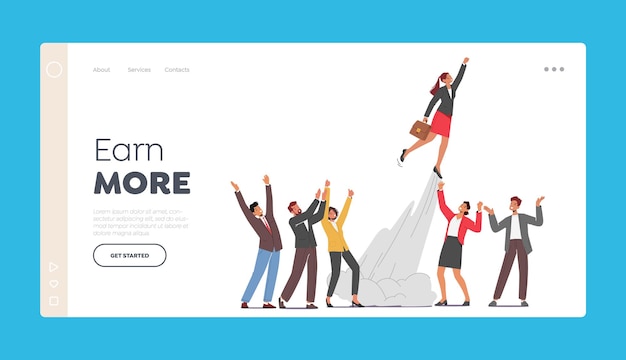 Vector earn more landing page template colleagues see off businesswoman take off like a rocket in sky great start up launch