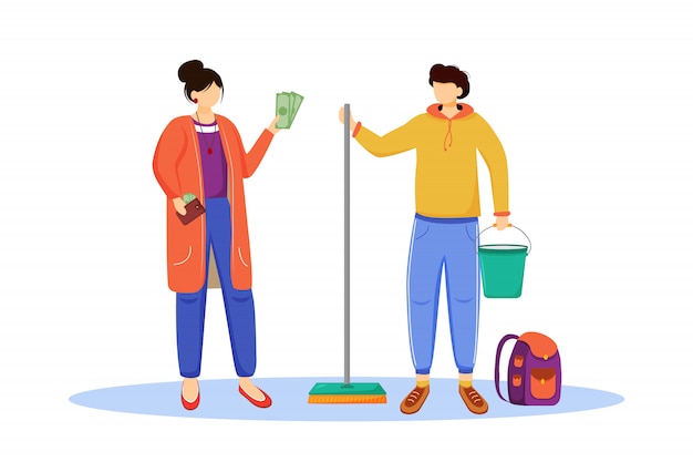 Earning money flat illustration. Getting ready for trip, vacation. Working as cleaner. Work for student, youth. Voyage preparation isolated cartoon character on white background