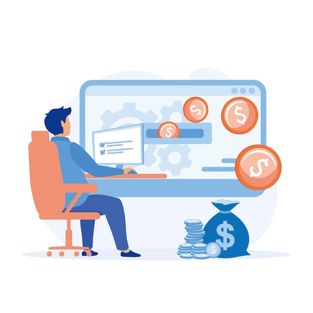 Earning money online, man working on desk with computer and money flowing from screen, flat vector modern illustration