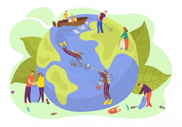 Eart planeet ecologie, illustratie, Save wereld en natuur milieu concept, mensen karakter zorg bescherming. Cleen globe planet symbool, groene persoon gesprek banner.