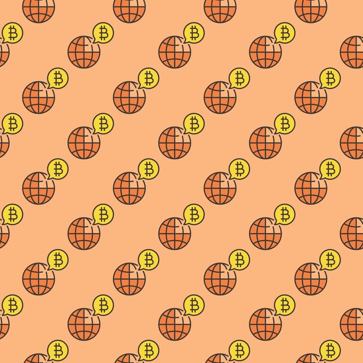 Vector earth and bitcoin vector worldwide cryptocurrency colored seamless pattern
