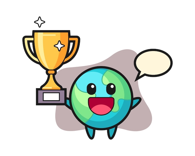 Earth cartoon happy holding up the golden trophy