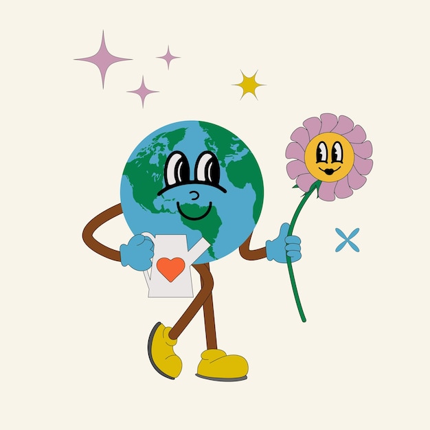 지구의 날을 위한 70년대 복고풍 스타일 엽서의 지구 캐릭터 행성의 마스코트를 구하세요
