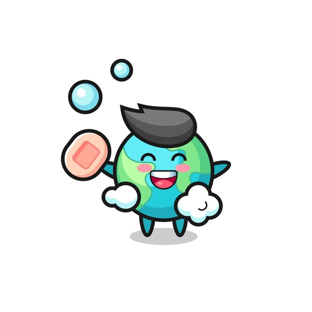 Earth character is bathing while holding soap