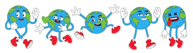 Earth characters in trendy retro cartoon style Funny globe with smiley face