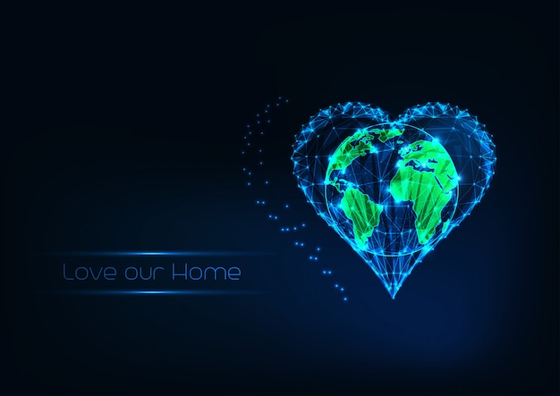 The Earth conservation concept with futuristic glow low polygonal world map inside of heart