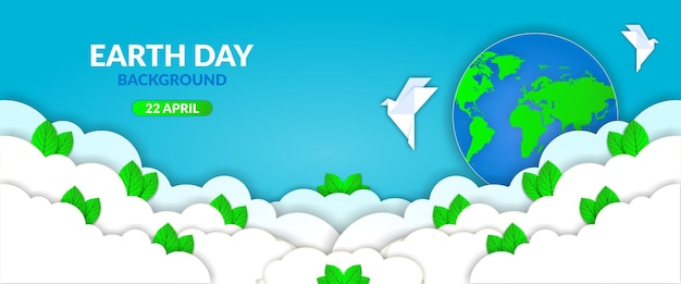 Earth Day banner met papier gesneden wolken in blauwe lucht met groene bladeren, vogel origami en globe
