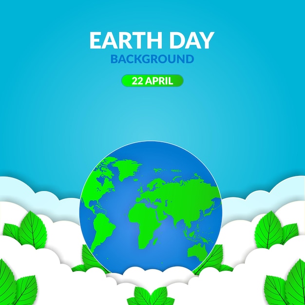 Earth Day banner of poster met papier gesneden wolken op blauwe hemelachtergrond met groene bladeren en globe