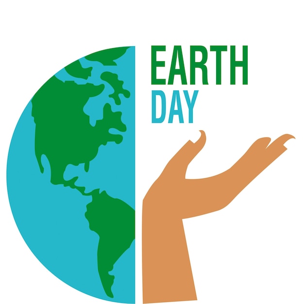 Earth day banner with planet earth and one hand on a white background