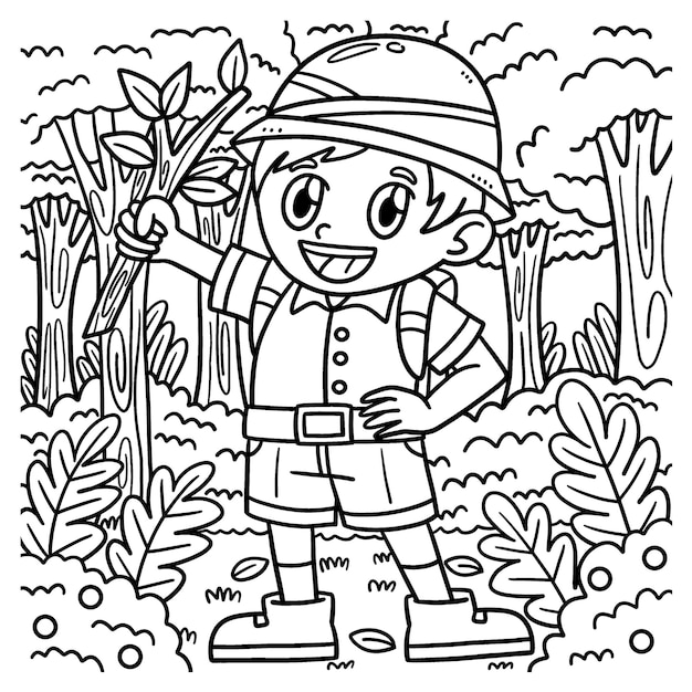 Earth Day Boy in Forest Coloring Page for Kids