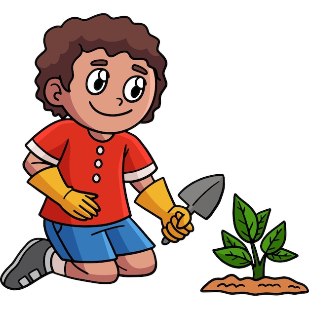 Vector earth day boy planting cartoon colored clipart
