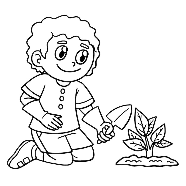 Earth Day Boy Planting Isolated Coloring Page