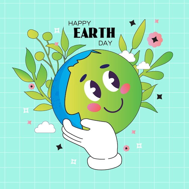 Earth Day Cartoon cute smile earth planet character World Environment Day in retro style Flower Power Planet Save the Earth 70s 60s Hand holding the green planet Nature flower power