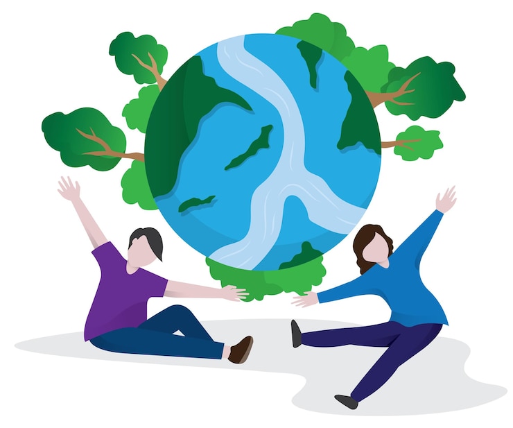 Vector earth day concept happy people on earth planet illustration flat cartoon style vector