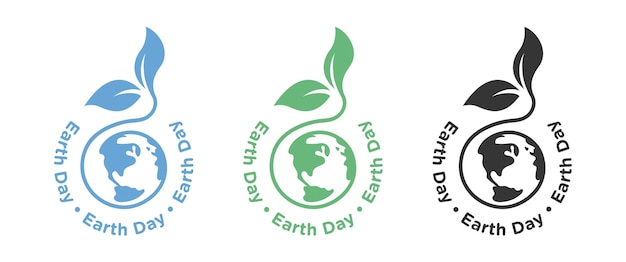 Набор векторов логотипа Дня Земли, изолированный зеленым листом побегов на иллюстрации значка земли
