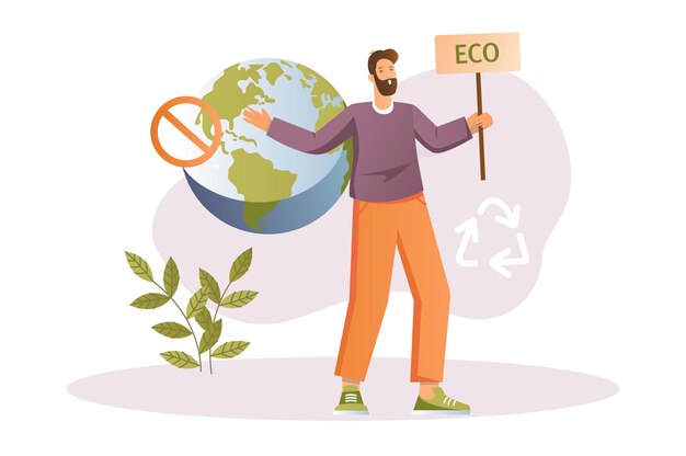 Vector earth day-concept met mensenscène in het platte cartoonontwerp een man verzamelt en promoot eco-ideeën