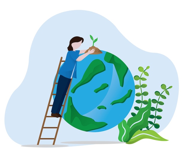 Earth day concept met platte illustratie vector mensen planten bomen voor de natuur, redden de planeet