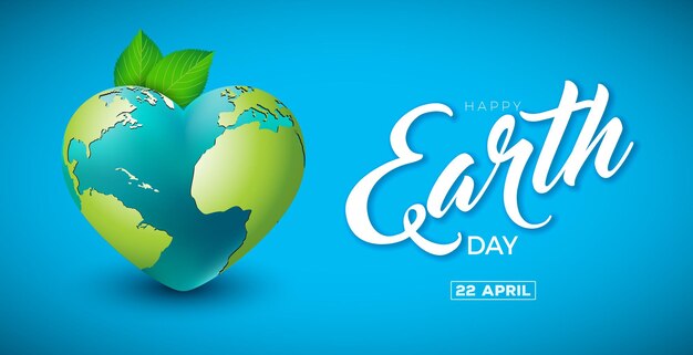 Вектор Дизайн дня земли с планетой в сердце на синем фоне карта мира на 22 апреля