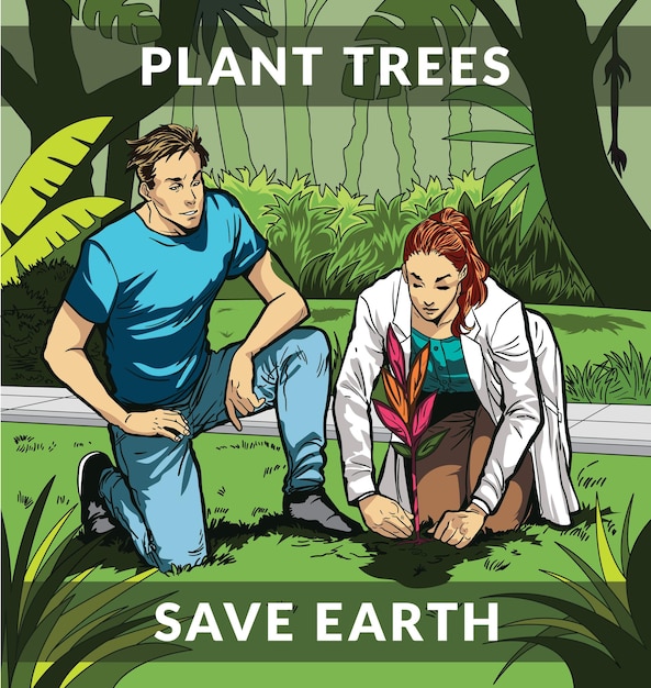 Earth Day Every Day An Illustration of a Couple Planting Trees for a Greener World Doing Their Part to Save the Planet